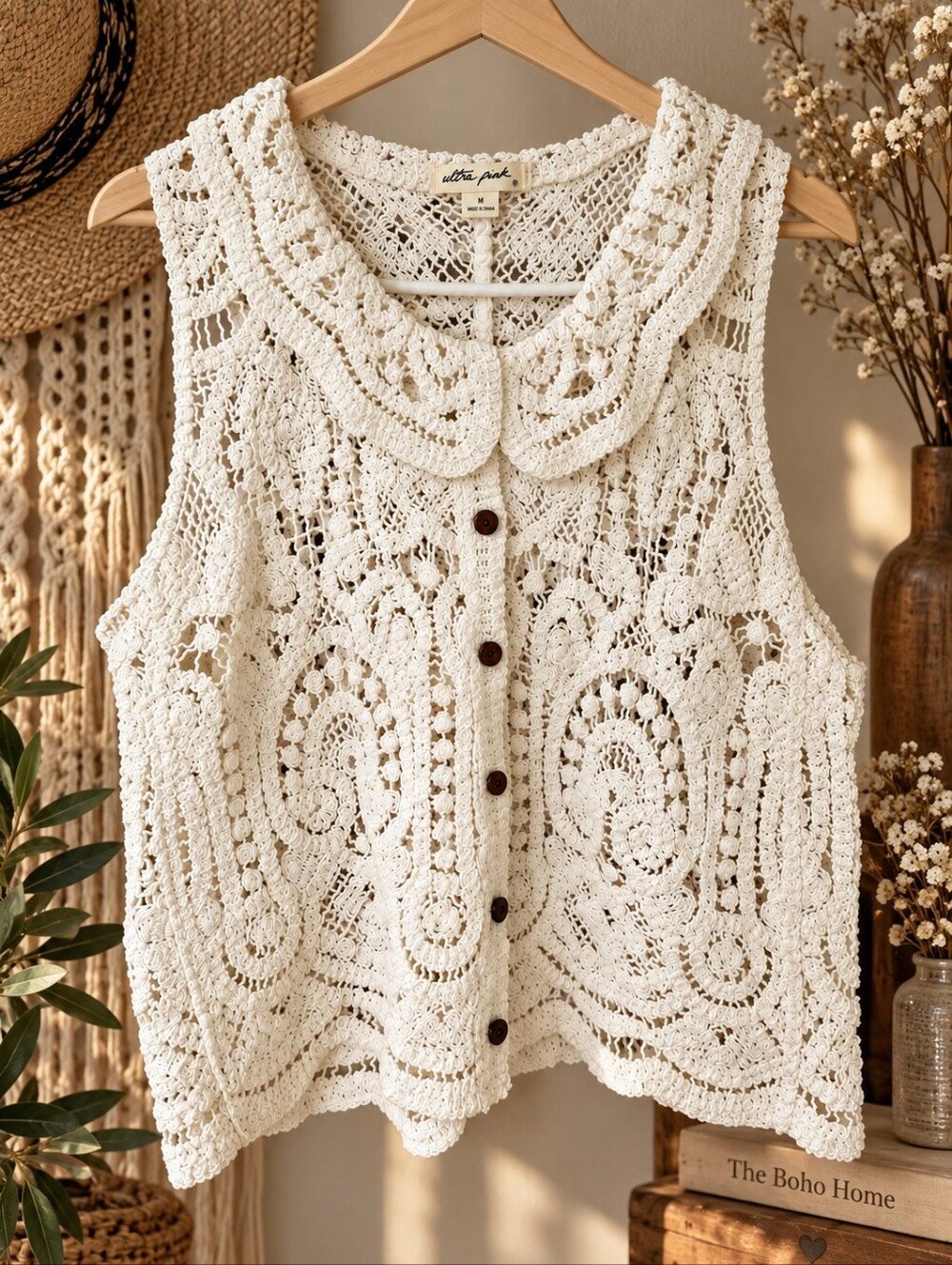 White Crochet Button-Front Sleeveless Top Medium